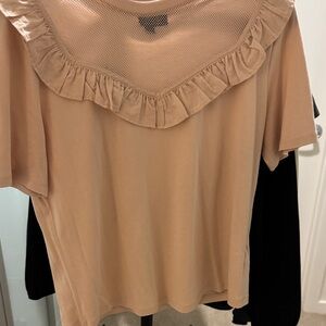 Topshop Nude Ruffle Mesh Yoke Short Sleeve Tee